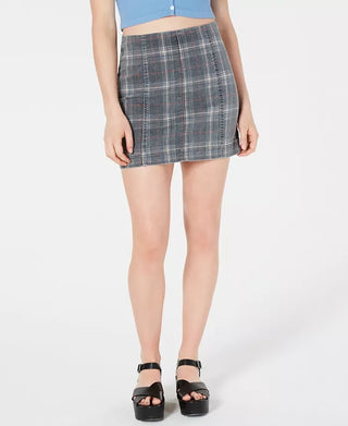 Tinsel Town Juniors' Plaid Denim Mini Skirt Gray Size 15