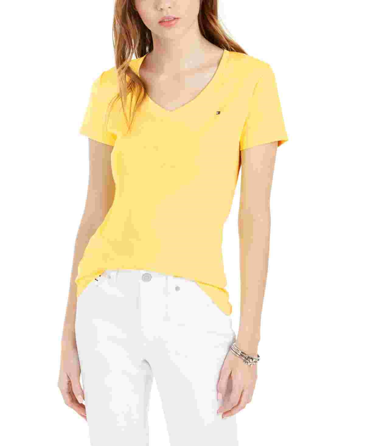 Tommy Hilfiger Women's V-Neck T-Shirt Gold Size X-Large