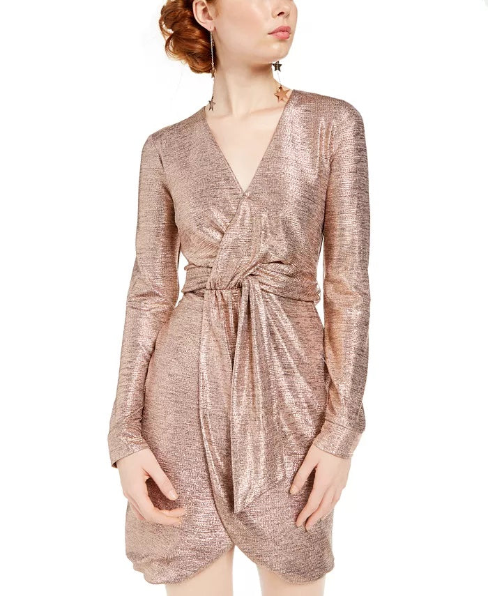 City Studios Women's Tie Belted Zippered Long Sleeve V Neck Short Sheath Party Dress Beige Size 0