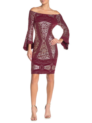 Jump Juniors Glitter Bell Sleeve Off Shoulder Above The Knee Cocktail Sheath Dress Red Size Large