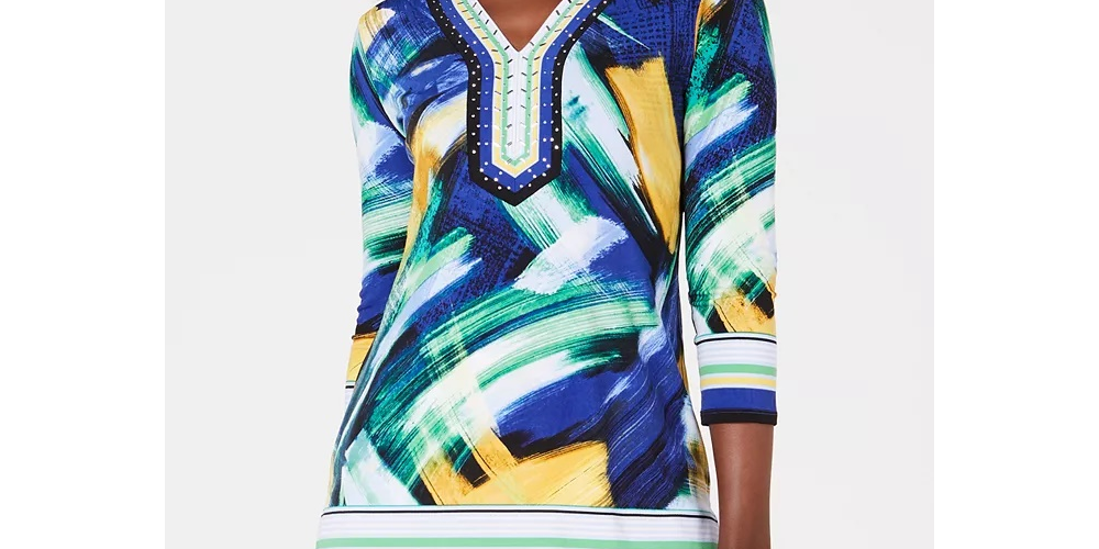 JM Collection Women's Petite Embellished Y-Neck Tunic Blue Size Petite S