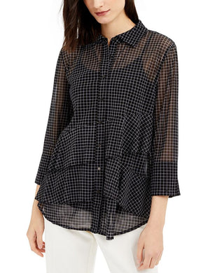 Alfani Women's Asymmetrical Tiered Mesh Top Black Size S