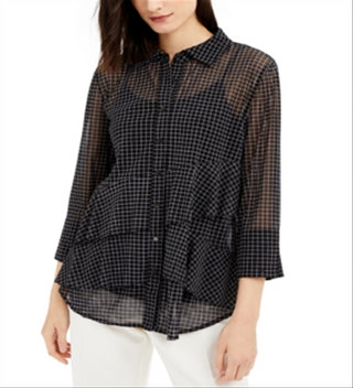 Alfani Women's Asymmetrical Tiered Mesh Top Black Size S