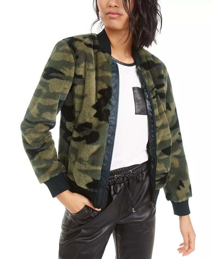 Bar III Women's Printed Faux-Fur Bomber Jacket Green Size XXS