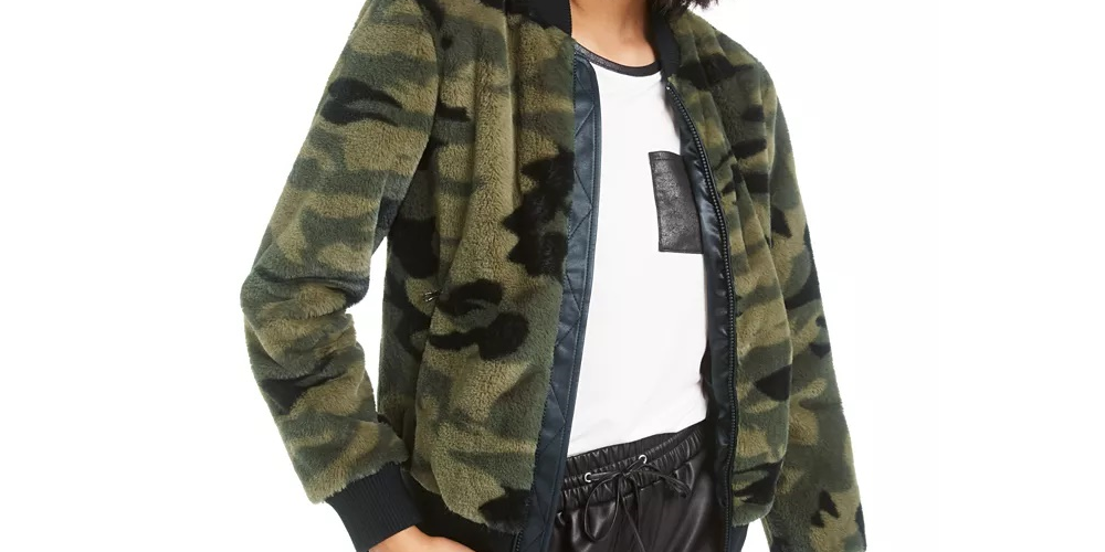 Bar III Women's Printed Faux-Fur Bomber Jacket Green Size XXS