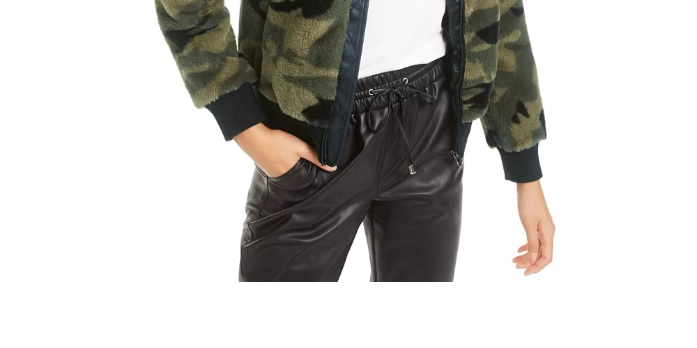 Bar III Women's Printed Faux-Fur Bomber Jacket Green Size XXS