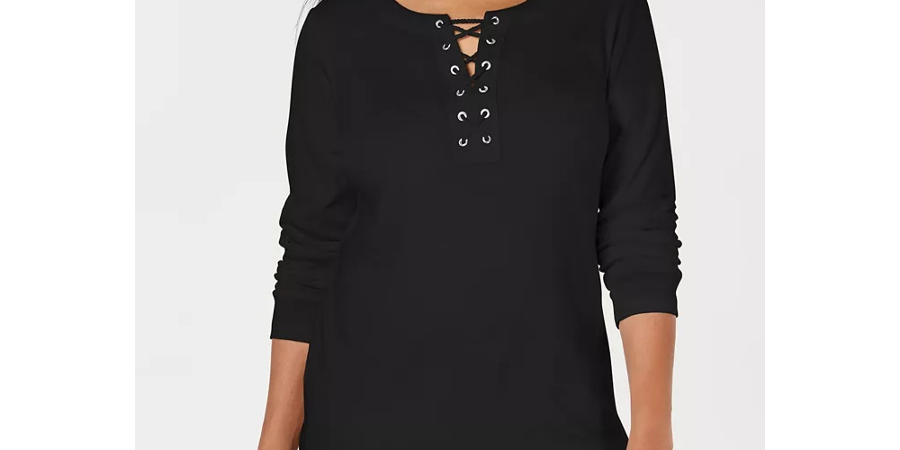 Karen Scott Women's Cotton Lace-Up Top Black Size Medium