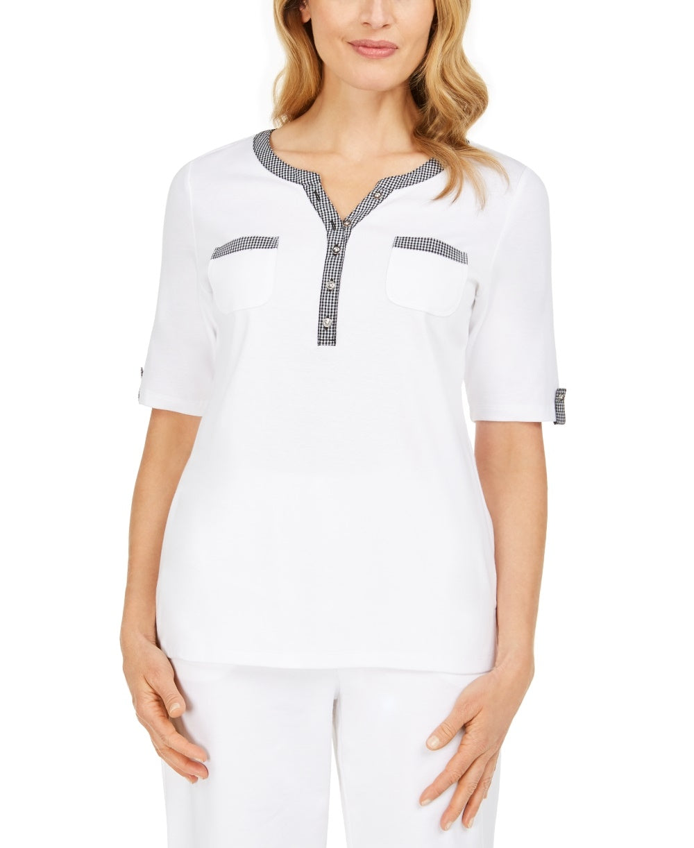 Karen Scott Women's Gingham-Trim Henley Top Natural Size Medium
