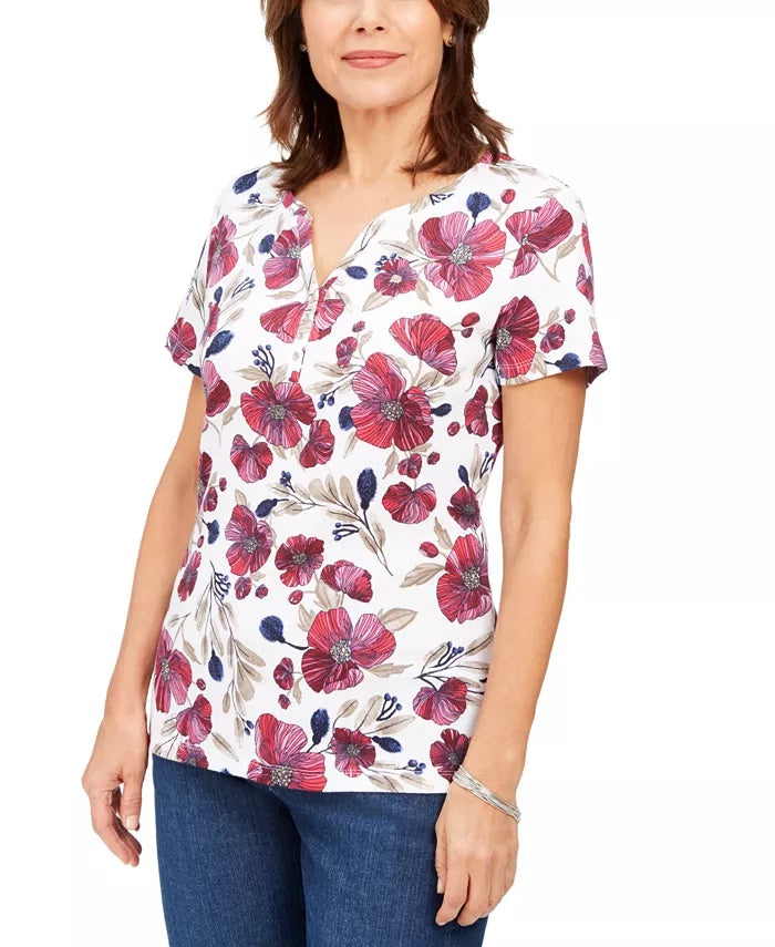 Karen Scott Women's Floral Henley Top White Size Small