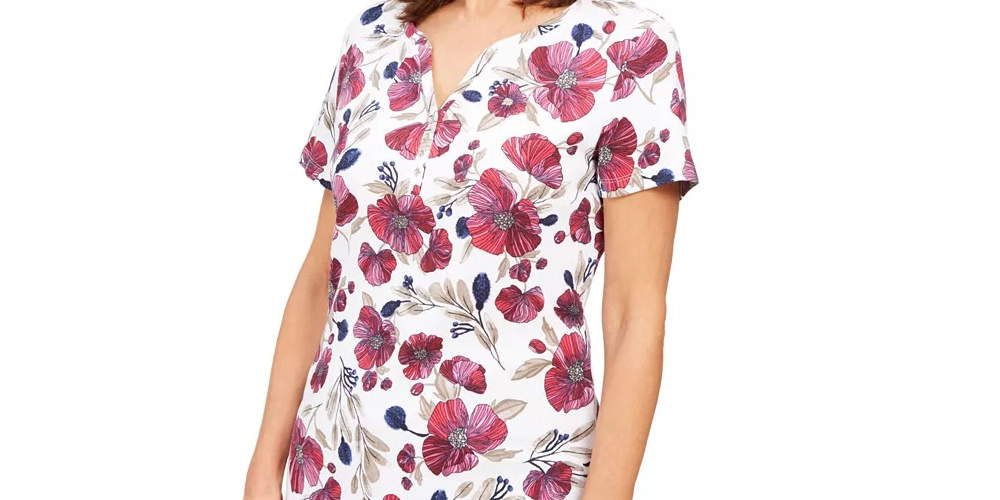 Karen Scott Women's Floral Henley Top White Size Small