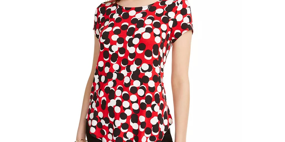 Alfani Women's Petite Printed Round-Hem T-Shirt Red Size SM