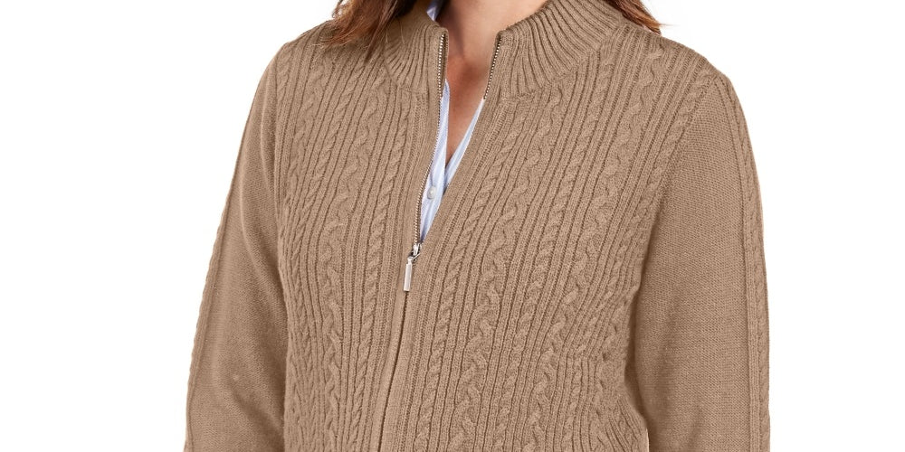 Karen Scott Women's Cable Knit Zip Front Sweater Brown Size Petite XL