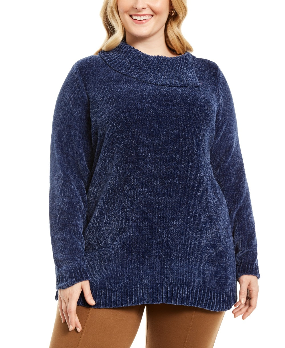 Karen Women's Scott Plus Chenille Split Neck Pullover Blue Size 0X