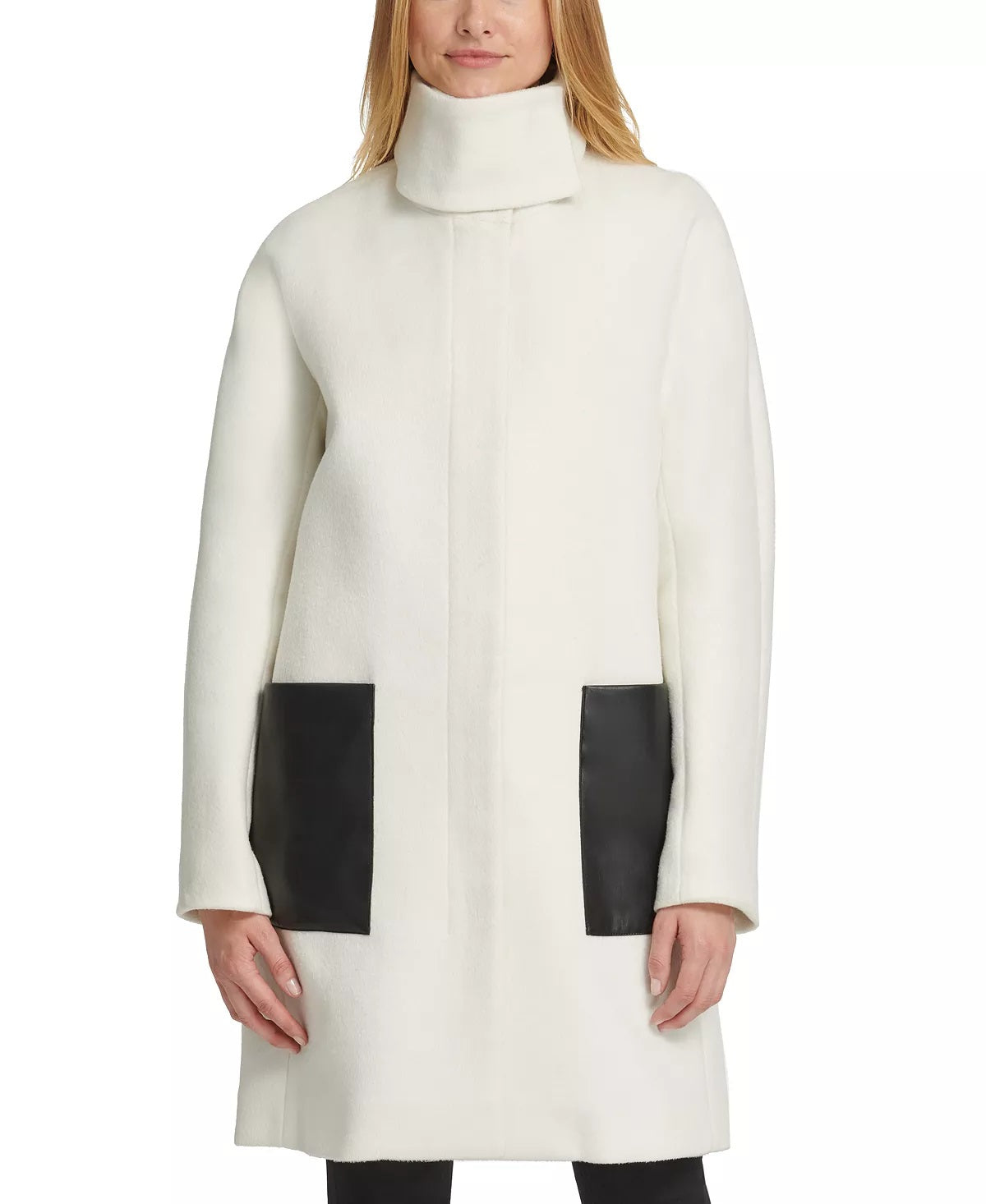 DKNY Women's Stand Collar Faux Leather Pocket Coat White Size X-Small
