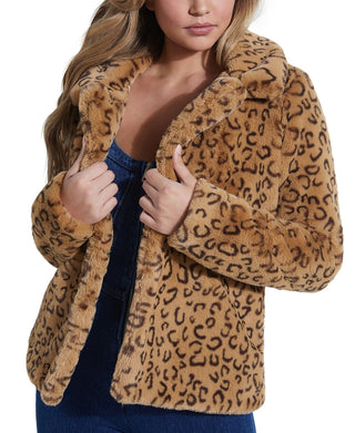 Guess Women's Reckless Animal Print Faux Fur Coat Brown Size Large