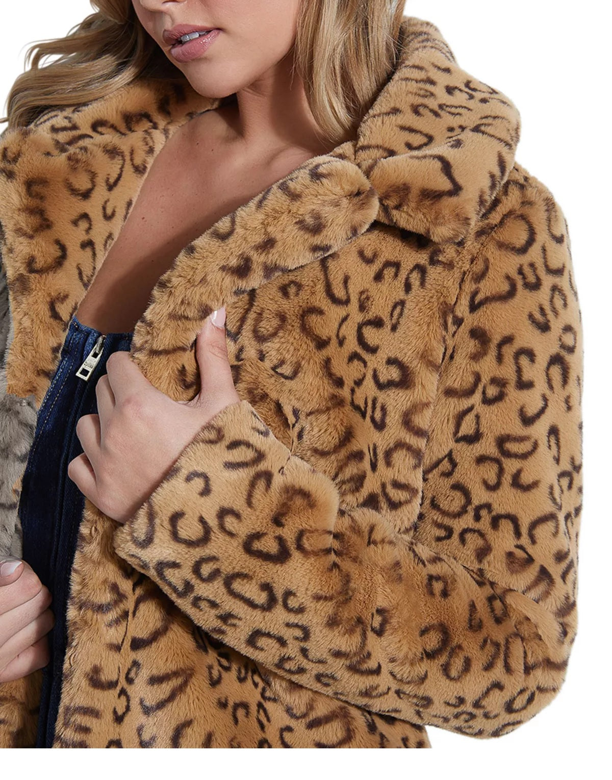 Guess Women's Reckless Animal Print Faux Fur Coat Brown Size Large