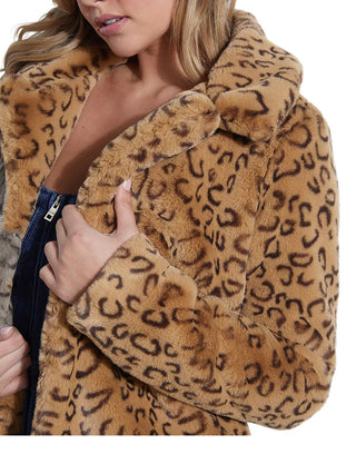 Guess Women's Reckless Animal Print Faux Fur Coat Brown Size Large