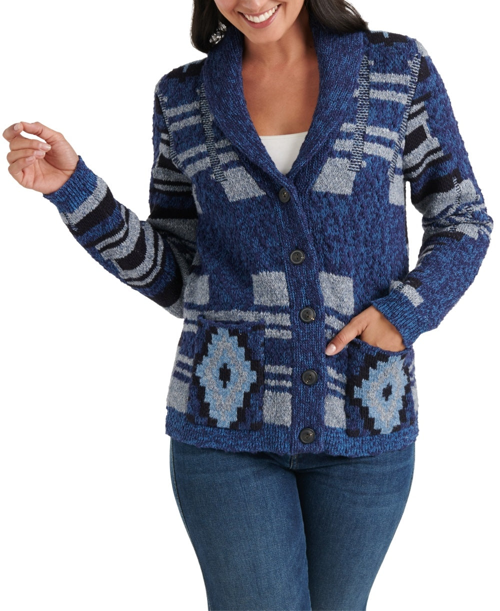Lucky Brand Women's Shawl Collar Button Cardigan Sweater Indigo Multi Blue Size X-Large