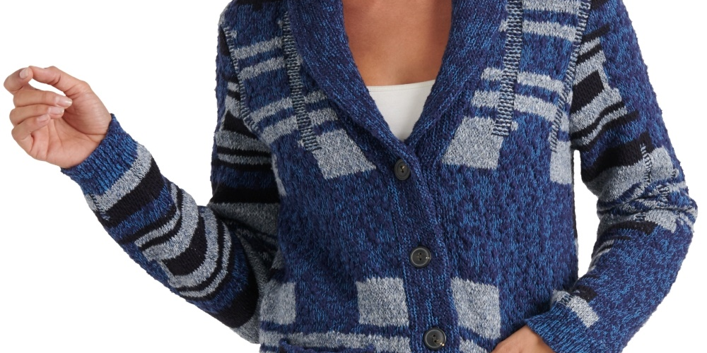 Lucky Brand Women's Shawl Collar Button Cardigan Sweater Indigo Multi Blue Size X-Large