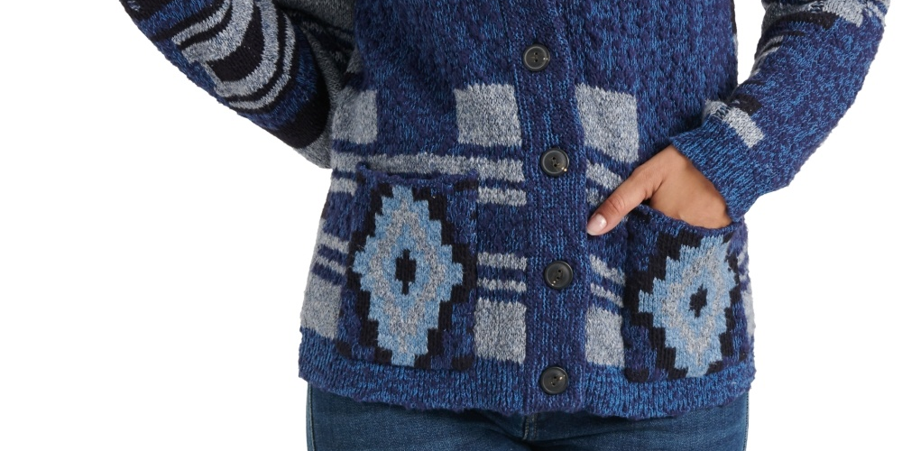 Lucky Brand Women's Shawl Collar Button Cardigan Sweater Indigo Multi Blue Size X-Large