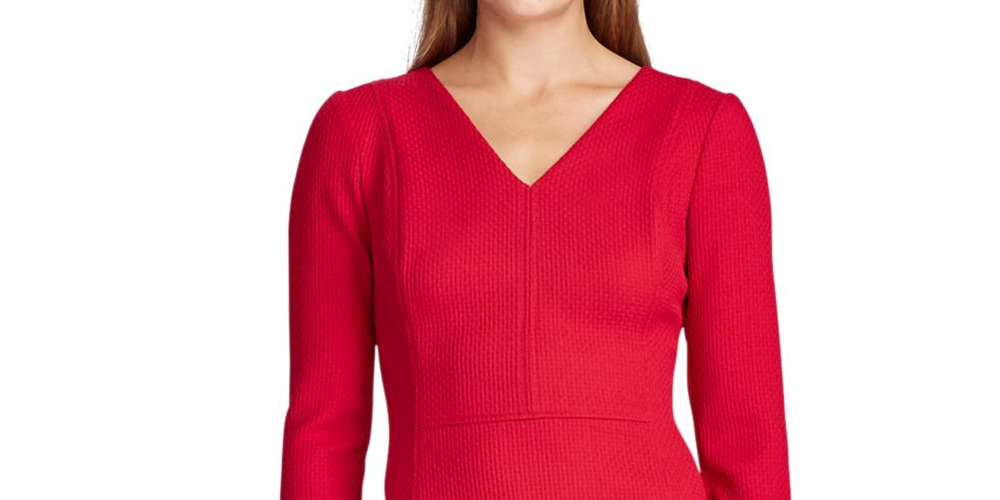 Ralph Lauren Women's Zippered 3/4 Sleeve V Neck Above The Knee Fit + Flare Party Dress Red Size 16
