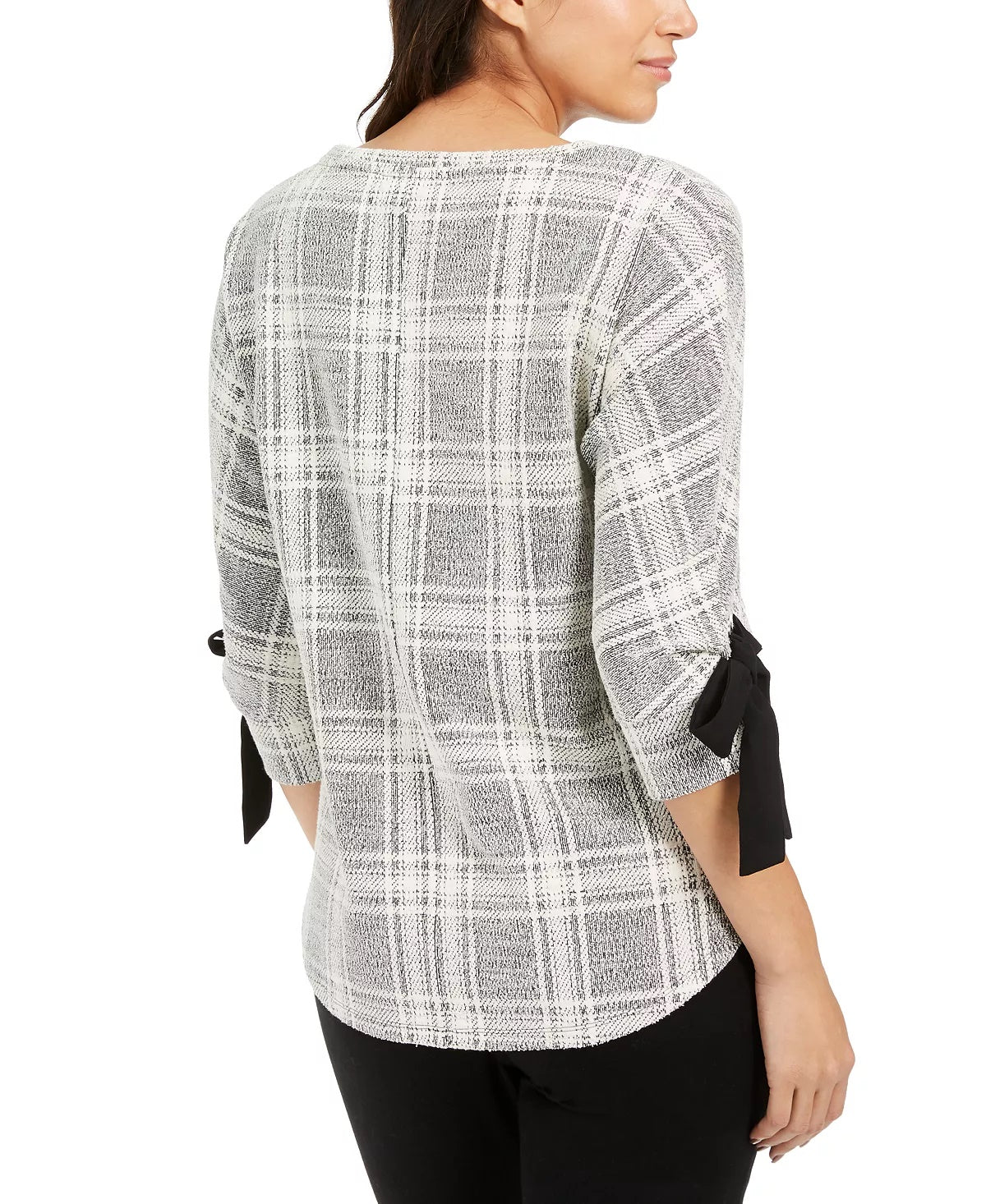 Charter Club Women's Petite Plaid Tie-Cuff Top Black Size Small