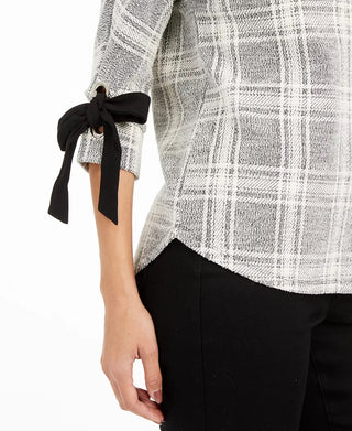 Charter Club Women's Petite Plaid Tie-Cuff Top Black Size Small