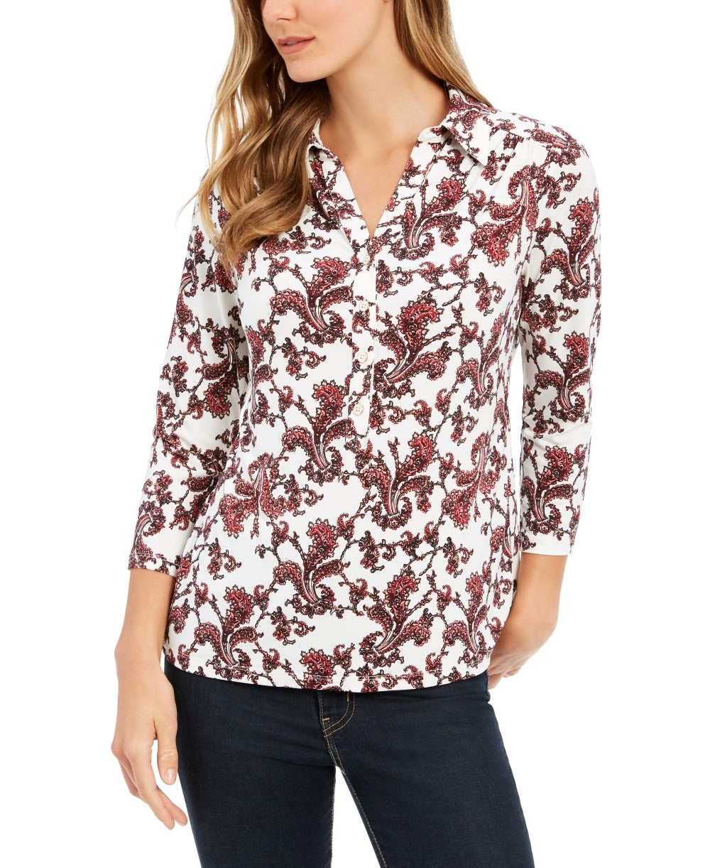 Charter Club Women's Printed 3/4 Sleeve Polo Top  White Size Small