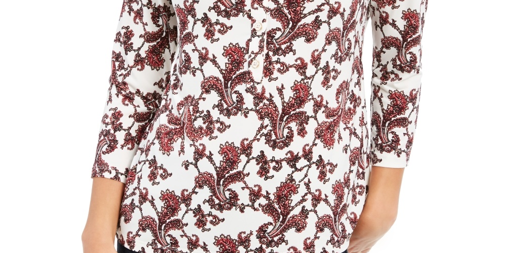 Charter Club Women's Printed 3/4 Sleeve Polo Top  White Size Small