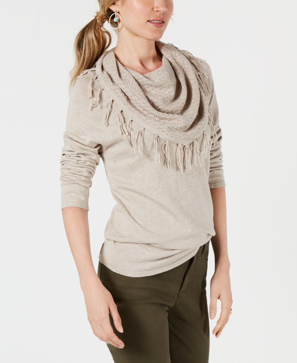 Style & Co Women's Petite Fringed Cowl-Neck Sweater Brown Size Petite XL