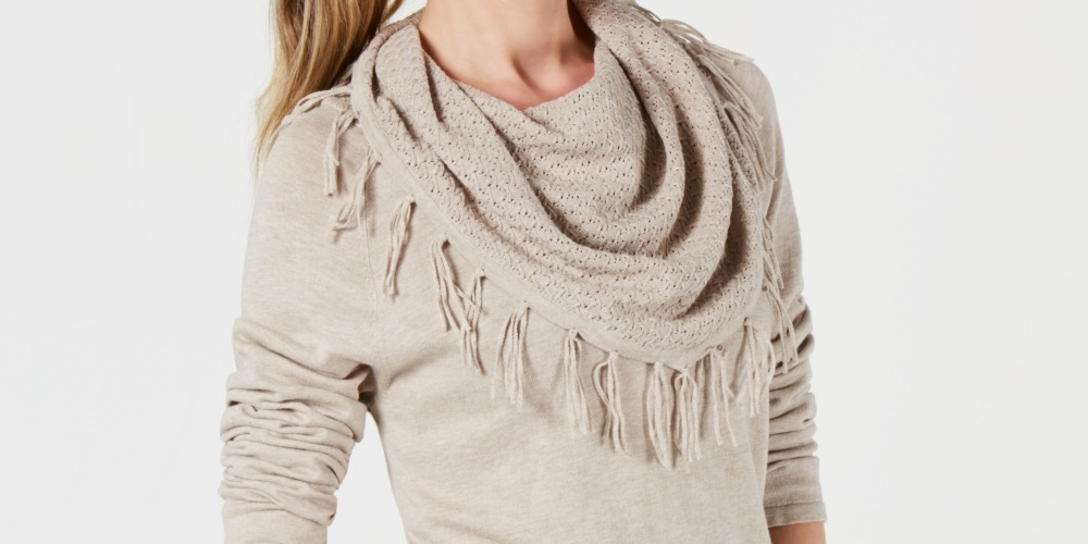 Style & Co Women's Petite Fringed Cowl-Neck Sweater Brown Size Petite XL