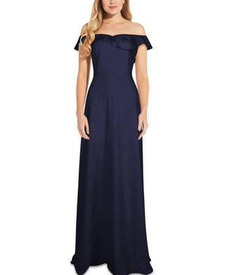 Adrianna Papell Women's Ruffled Off-The-Shoulder Gown Blue Size 14