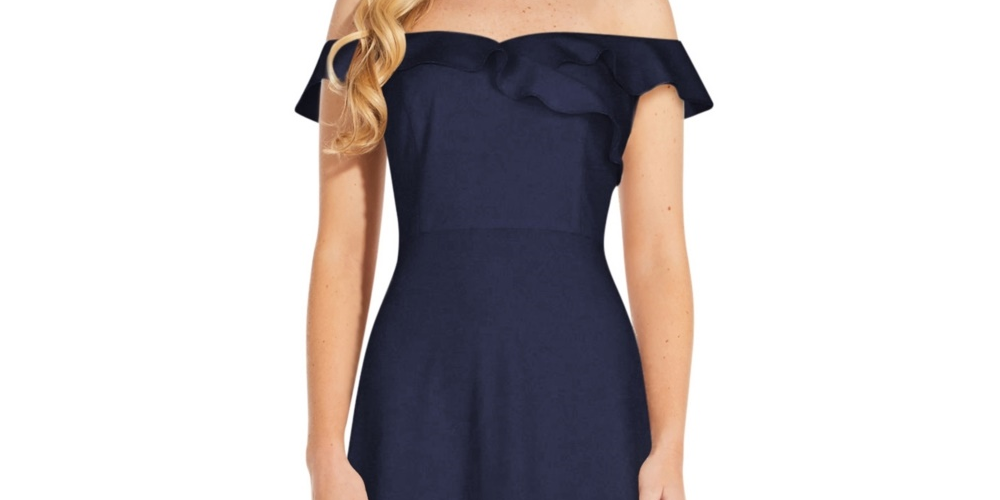 Adrianna Papell Women's Ruffled Off-The-Shoulder Gown Blue Size 14