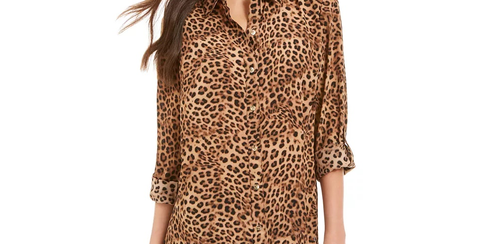 Charter Club Women's Petite Printed Roll-Tab-Sleeve Top Beige Size Petite XL