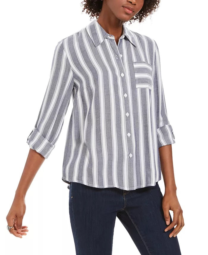 Style & Co Women's Striped Utility Shirt Grey Size X-Large