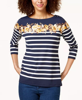 Charter Club Women's Striped And Floral-Print Top Yellow Size Medium