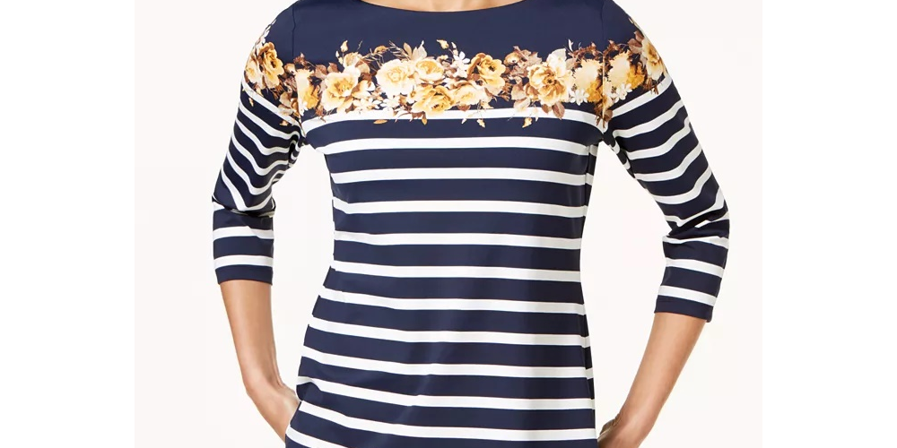 Charter Club Women's Striped And Floral-Print Top Yellow Size Medium