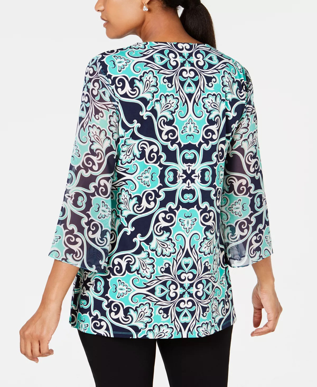 JM Collection Women's Embellished Neck Tunic Green /Blue  Size X-Small