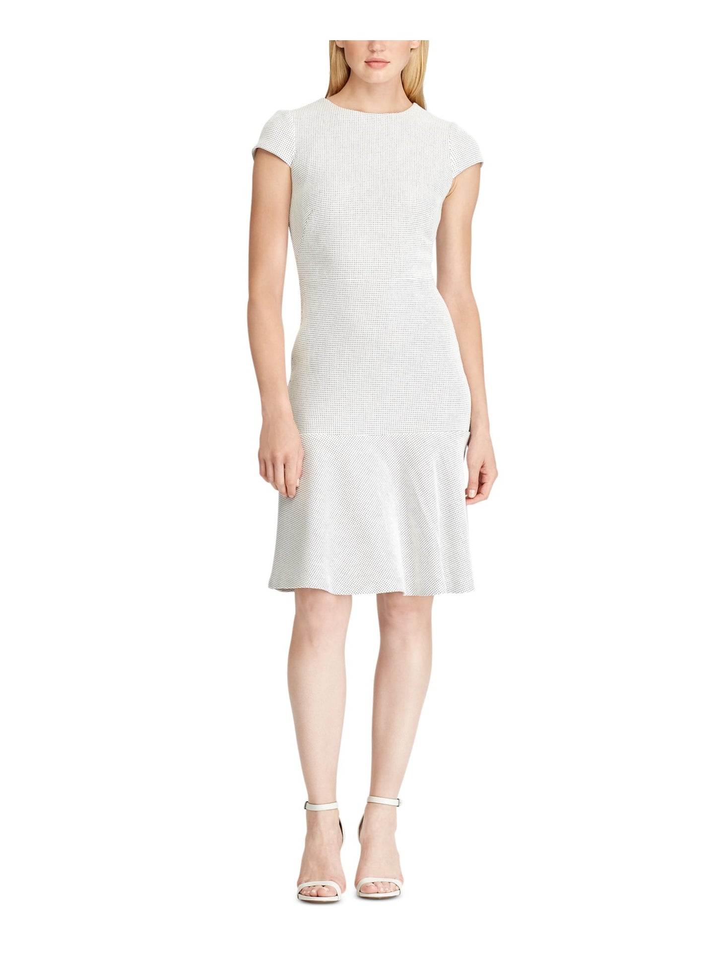Ralph Lauren Women's Ivory Zippered Polka Dot Cap Sleeve Jewel Neck Knee Length Fit + Flare Dress White Size 14