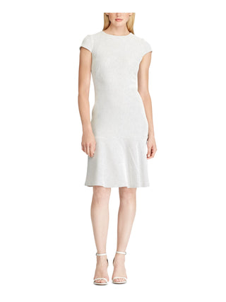 Ralph Lauren Women's Ivory Zippered Polka Dot Cap Sleeve Jewel Neck Knee Length Fit + Flare Dress White Size 14