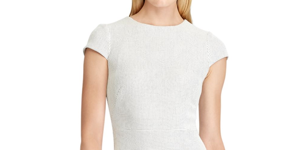 Ralph Lauren Women's Ivory Zippered Polka Dot Cap Sleeve Jewel Neck Knee Length Fit + Flare Dress White Size 14