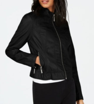 Jou Jou Women's Zippered Pocketed Vegan Leather Motorcycle Coat Juniors Black Size X-Large