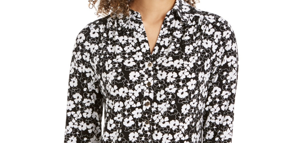 Charter Club Women's 3/4 Sleeve Printed Polo Top Black Size Large