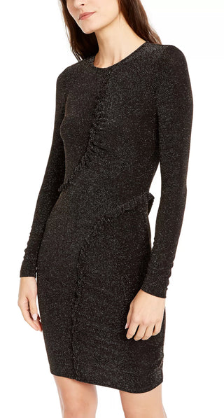 Michael Kors Women's Embellished Long Sleeve Jewel Neck Short Body Con Cocktail Dress Gray Size Petite Large