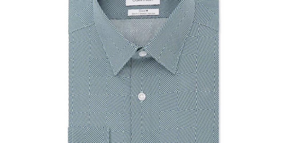 Calvin Klein Men's Steel Slim-Fit Non-Iron Performance Stretch Print Dress Shirt Green Size 17X32-33