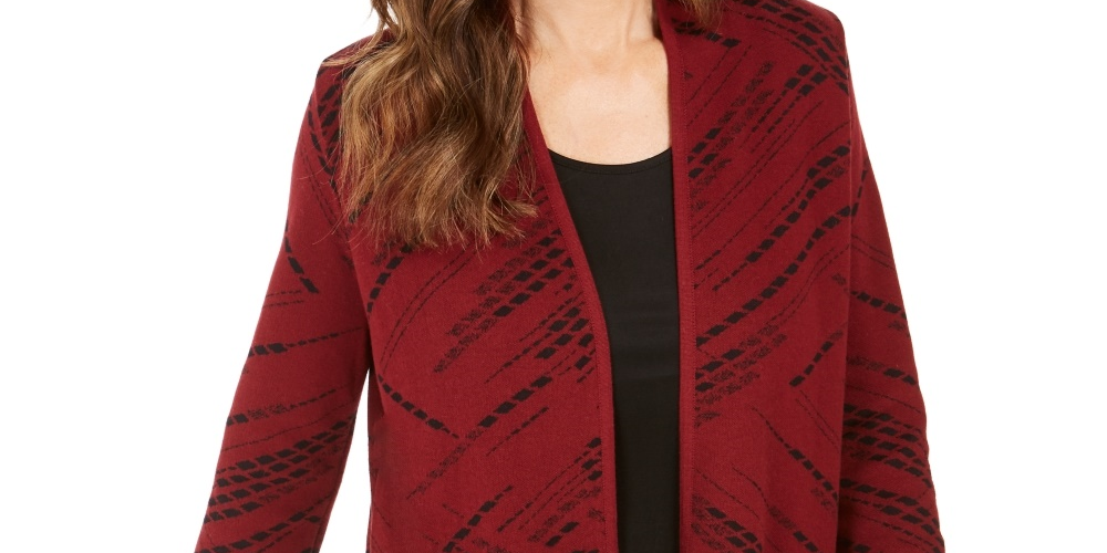 JM Collection Women's Petite Patterned Cardigan Sweater Red Size PS/M