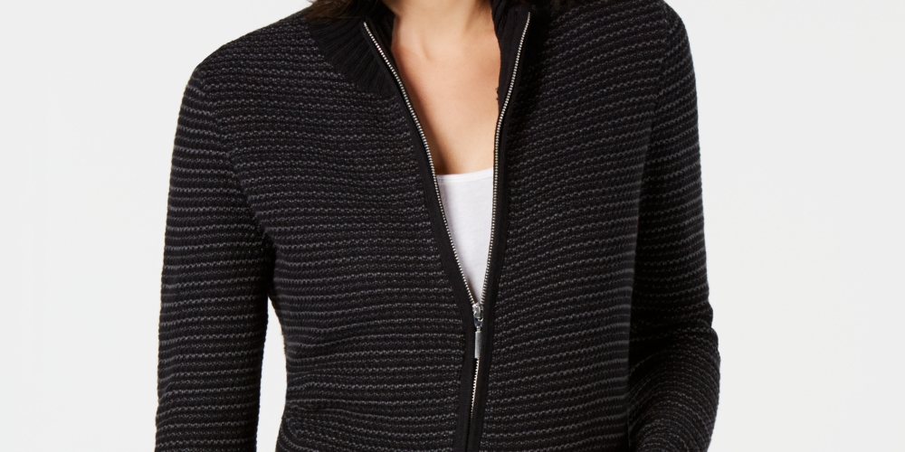 Karen Scott Women's Petite Textured Zip-Front Cardigan Black Size PSM