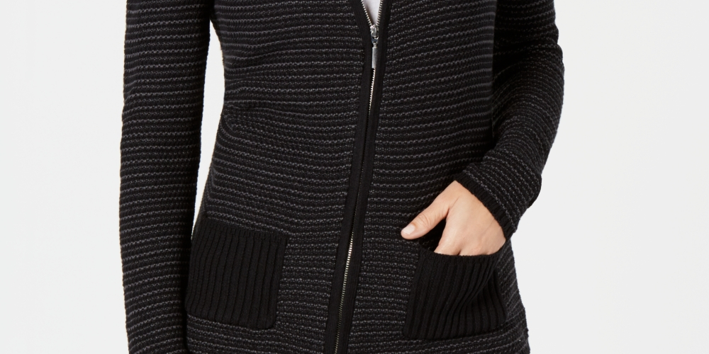 Karen Scott Women's Petite Textured Zip-Front Cardigan Black Size PSM