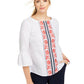 Charter Club Women's Embroidered Bell-Sleeve Linen-Blend Top White Size Large