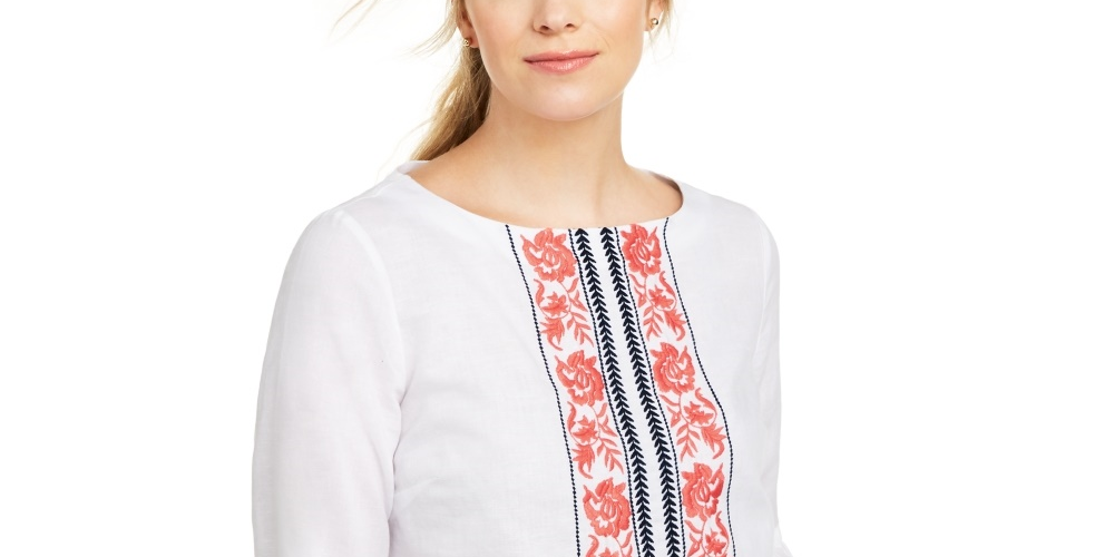 Charter Club Women's Embroidered Bell-Sleeve Linen-Blend Top White Size Large